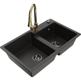 Zlewozmywak granitowy 2-komorowy Mexen Tomas z baterią kuchenną Elia czarny/złoty metalik  6516-75-670101-50-B 1 szt.