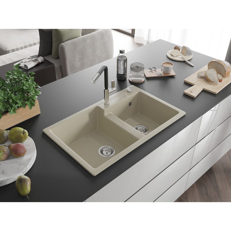 Zlewozmywak granitowy 2-komorowy Mexen Tomas z baterią kuchenną Flora beżowy  6516-69-670401-07