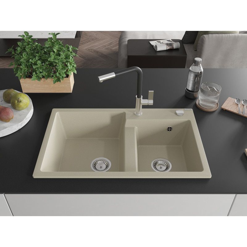 Zlewozmywak granitowy 2-komorowy Mexen Tomas z baterią kuchenną Flora beżowy  6516-69-670401-07