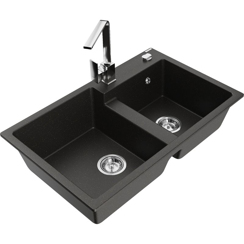 Zlewozmywak granitowy 2-komorowy Mexen Tomas z baterią kuchenną Rita czarny/złoty metalik  6516-75-670300-00