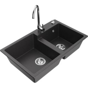 Zlewozmywak granitowy 2-komorowy Mexen Tomas z baterią kuchenną Telma czarny nakrapiany  6516-76-670200-00 1 szt.