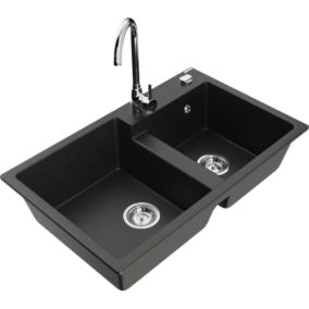 Zlewozmywak granitowy 2-komorowy Mexen Tomas z baterią kuchenną Telma czarny/złoty metalik  6516-75-670200-00