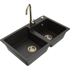 Zlewozmywak granitowy 2-komorowy Mexen Tomas z baterią kuchenną Telma czarny/złoty metalik  6516-75-670200-50