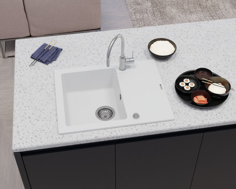 Zlewozmywak granitowy GranMaster Caro 595x475x172 mm, jednokomorowy z ociekaczem, biały 1 szt.