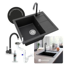 Zlewozmywak granitowy GranMaster, Horizon 59x50x20,3cm czarny metalik z baterią, syfonem oraz impregnat 1szt.