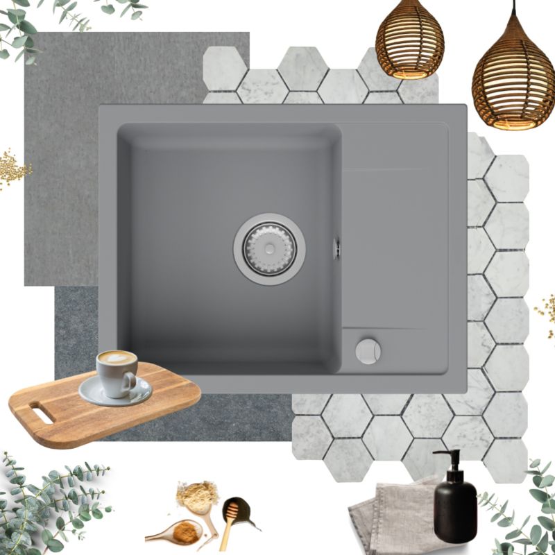 Zlewozmywak granitowy GranMaster Smart 670x440x164 mm, jednokomorowy z ociekaczem, tytan 1 szt.