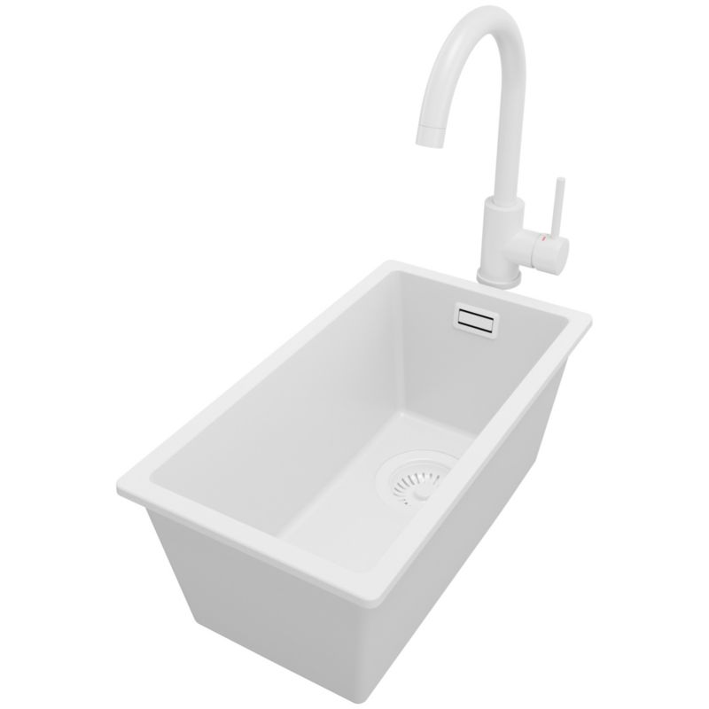 Zlewozmywak Granitowy Londyn Slim PRIMAGRAN Nablatowy 26x47cm do szafki od 30cm z Syfonem i Baterią Cały Biały 1 szt.