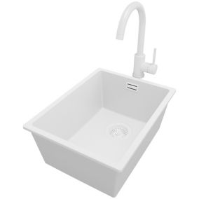 Zlewozmywak Granitowy Londyn Slim PRIMAGRAN Nablatowy 36x47cm do szafki od 40cm z Syfonem i Baterią Cały Biały 1 szt.