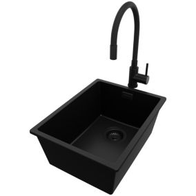 Zlewozmywak Granitowy Londyn Slim PRIMAGRAN Nablatowy 36x47cm do szafki od 40cm z Syfonem i Baterią Cały Czarny 1 szt.