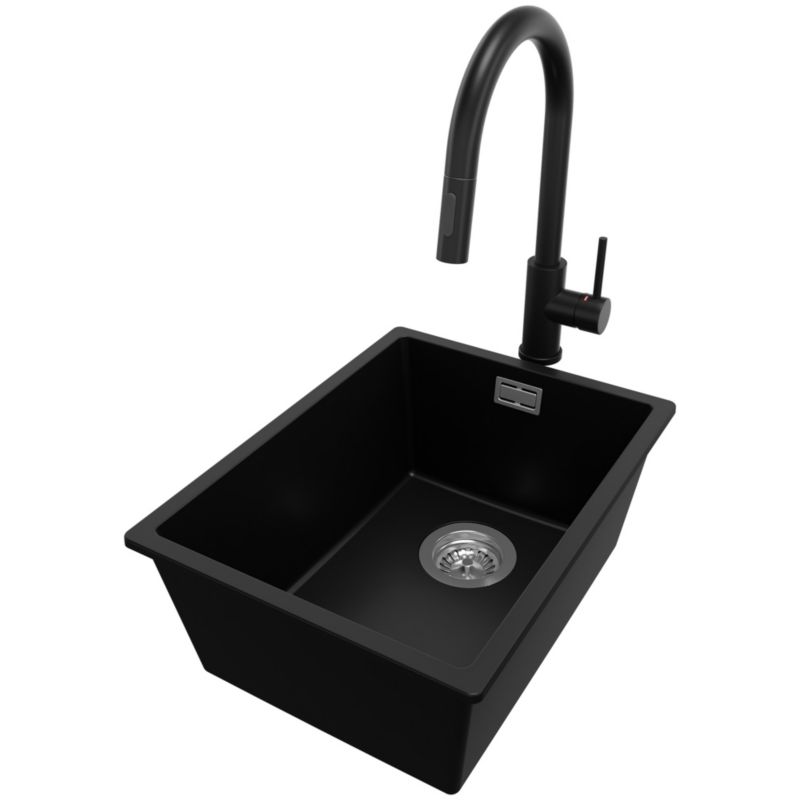 Zlewozmywak Granitowy Londyn Slim PRIMAGRAN Nablatowy 36x47cm do szafki od 40cm z Syfonem i Baterią Czarny 1 szt.