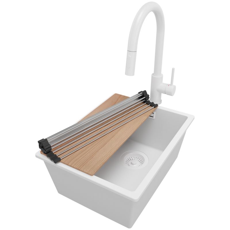 Zlewozmywak Granitowy Londyn Slim PRIMAGRAN Nablatowy 36x47cm do szafki od 40cm z Syfonem i Baterią i Dodatkiem Cały Biały 1 szt.