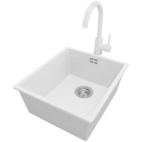 Zlewozmywak Granitowy Londyn Slim PRIMAGRAN Nablatowy 41x47cm do szafki od 45cm z Syfonem i Baterią Biały 1 szt.