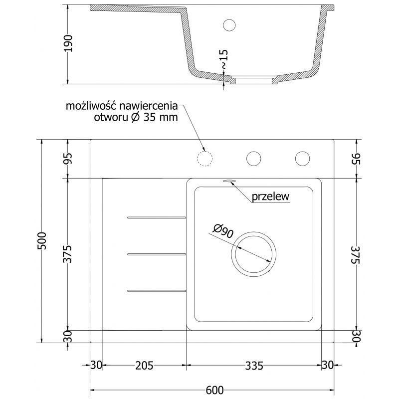Zlewozmywak granitowy Mexen Ben 1-komorowy czarny 600x500 mm  - 6522605000-77-G 1 szt.