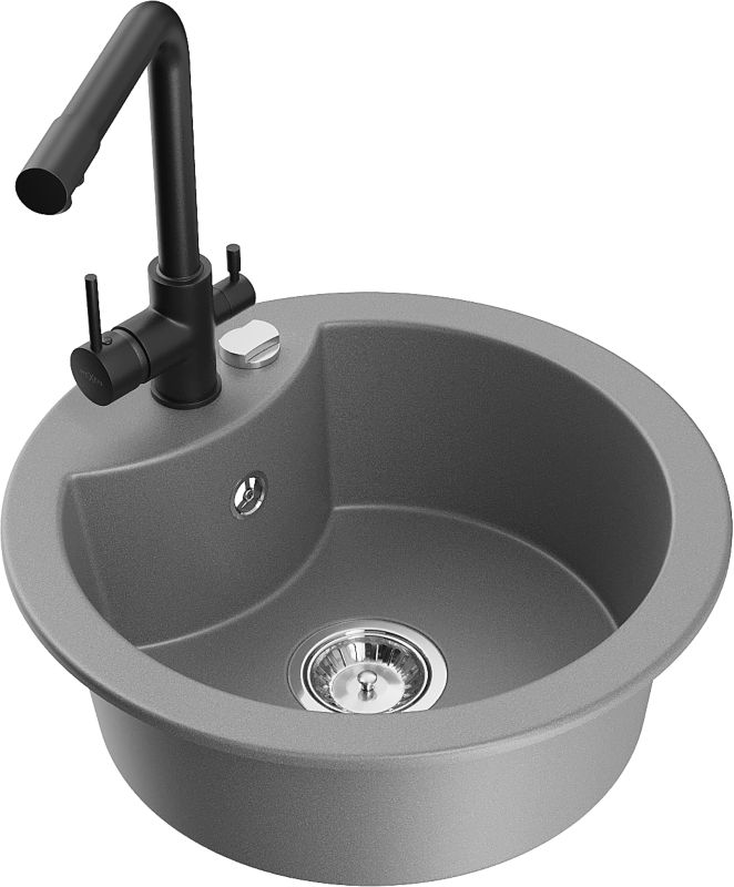Zlewozmywak granitowy Mexen  Diego 1-komorowy z baterią kuchenną  Duero szary  6512-71-671600-70