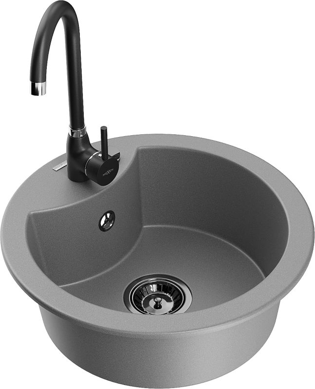 Zlewozmywak granitowy Mexen  Diego 1-komorowy z baterią kuchenną  Telma szary  6512-71-670200-70-B