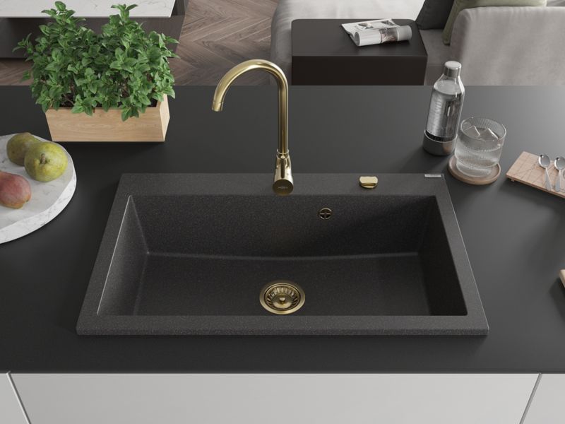 Zlewozmywak Granitowy Mexen Elix 800x500 mm Czarny z Automatycznym Syfonem Złotym - 6527801005-76-G