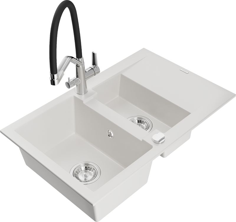 Zlewozmywak granitowy Mexen  Gaspar  1,5-komorowy z ociekaczem i baterią kuchenną Duo biały  6507-20-671701-07