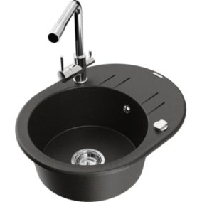 Zlewozmywak granitowy Mexen  Kevin  1-komorowy z ociekaczem i baterią kuchenną Duero czarny/złoty  6517-75-671600-00