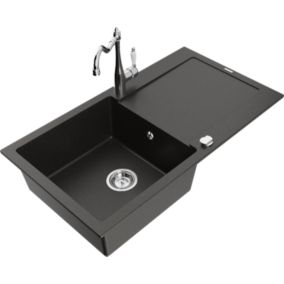 Zlewozmywak granitowy Mexen  Leo  1-komorowy z ociekaczem i baterią kuchenną Carla czarny/złoty  6501-75-670700-00 1 szt.