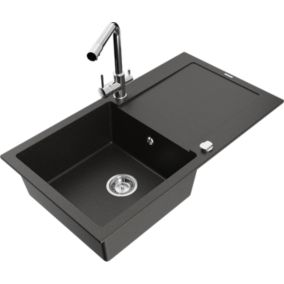 Zlewozmywak granitowy Mexen  Leo  1-komorowy z ociekaczem i baterią kuchenną Duero czarny/złoty  6501-75-671600-00 1 szt.