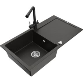 Zlewozmywak granitowy Mexen  Leo  1-komorowy z ociekaczem i baterią kuchenną Duero czarny/złoty  6501-75-671600-70
