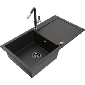Zlewozmywak granitowy Mexen  Leo  1-komorowy z ociekaczem i baterią kuchenną Flora czarny/złoty  6501-75-670401-07-B 1 szt.