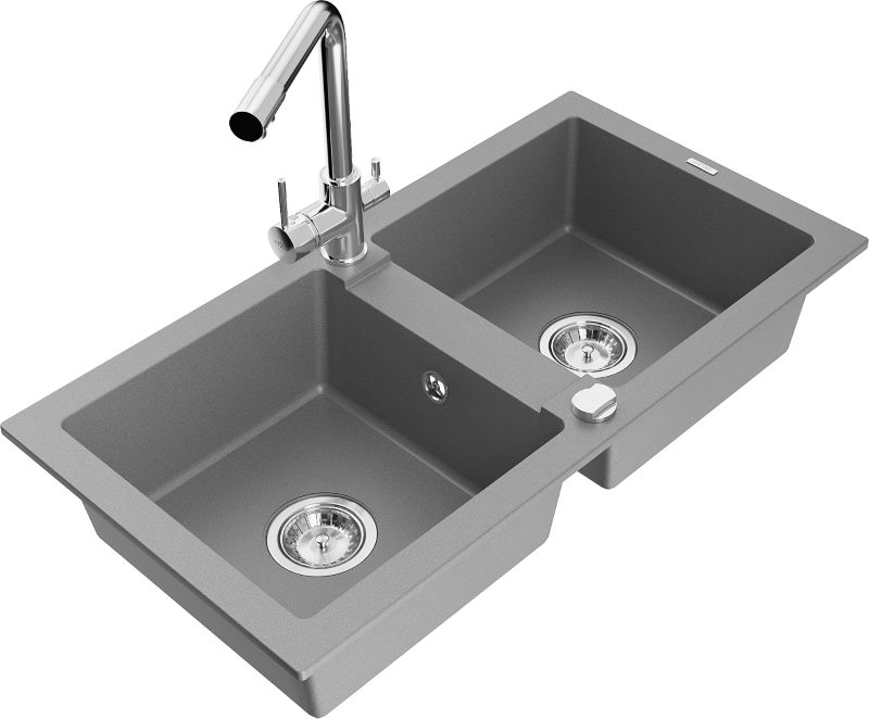 Zlewozmywak granitowy Mexen  Mario 2-komorowy z baterią kuchenną  Duero szary  6504-71-671600-00 1 szt.