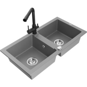 Zlewozmywak granitowy Mexen  Mario 2-komorowy z baterią kuchenną  Duero szary  6504-71-671600-70 1 szt.