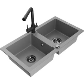 Zlewozmywak granitowy Mexen  Mario 2-komorowy z baterią kuchenną  Duero szary  6504-71-671600-70-B 1 szt.