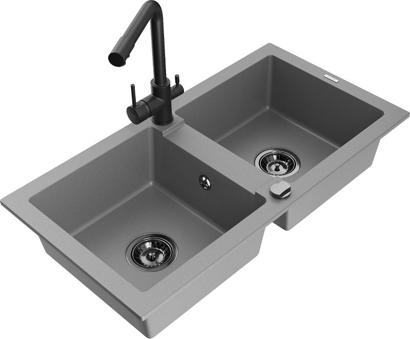 Zlewozmywak granitowy Mexen  Mario 2-komorowy z baterią kuchenną  Duero szary  6504-71-671600-70-B