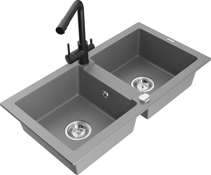 Zlewozmywak granitowy Mexen  Mario 2-komorowy z baterią kuchenną  Duero szary  6504-71-671600-70