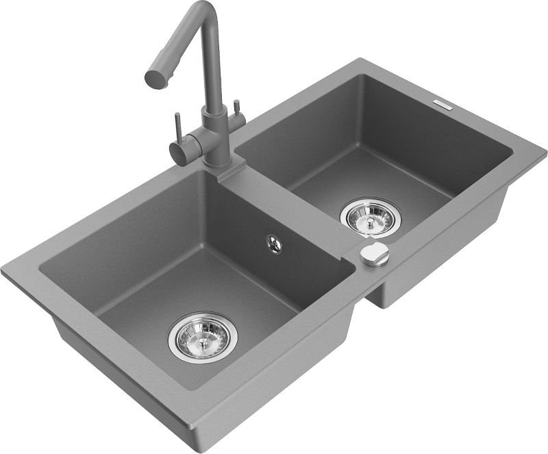 Zlewozmywak granitowy Mexen Mario 2-komorowy z baterią kuchenną Duo beżowy  - 6504-69-671701-57-B 1 szt.