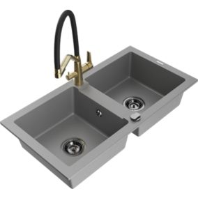 Zlewozmywak granitowy Mexen  Mario 2-komorowy z baterią kuchenną  Duo szary  6504-71-671701-57-B 1 szt.