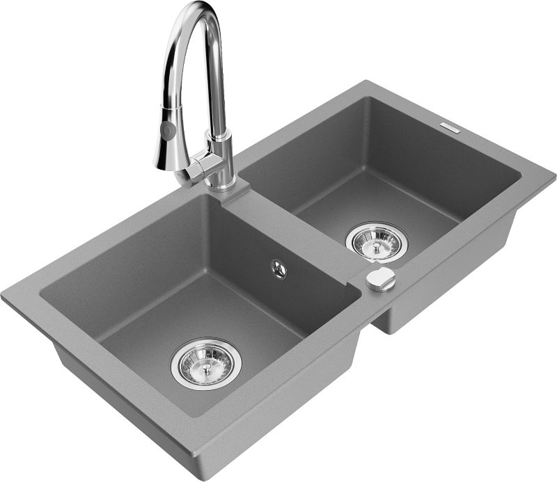 Zlewozmywak granitowy Mexen  Mario 2-komorowy z baterią kuchenną  Elia szary  6504-71-670101-00 1 szt.