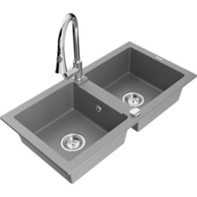 Zlewozmywak granitowy Mexen  Mario 2-komorowy z baterią kuchenną  Elia szary  6504-71-670101-00 1 szt.