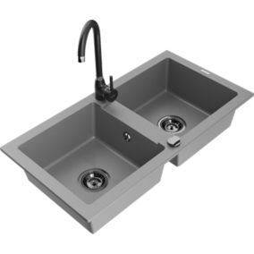Zlewozmywak granitowy Mexen  Mario 2-komorowy z baterią kuchenną  Telma szary  6504-71-670200-70-B 1 szt.