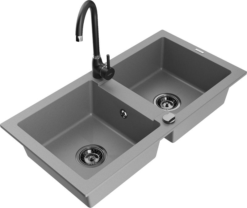 Zlewozmywak granitowy Mexen  Mario 2-komorowy z baterią kuchenną  Telma szary  6504-71-670200-70-B