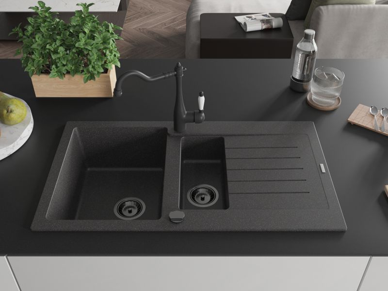 Zlewozmywak granitowy Mexen  Matias  1,5-komorowy z ociekaczem i baterią kuchenną Carla czarny  6502-76-670700-70-B