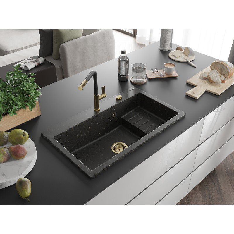 Zlewozmywak granitowy Mexen Omar 1-komorowy czarny/złoty metalik 800x480 mm 1 szt.