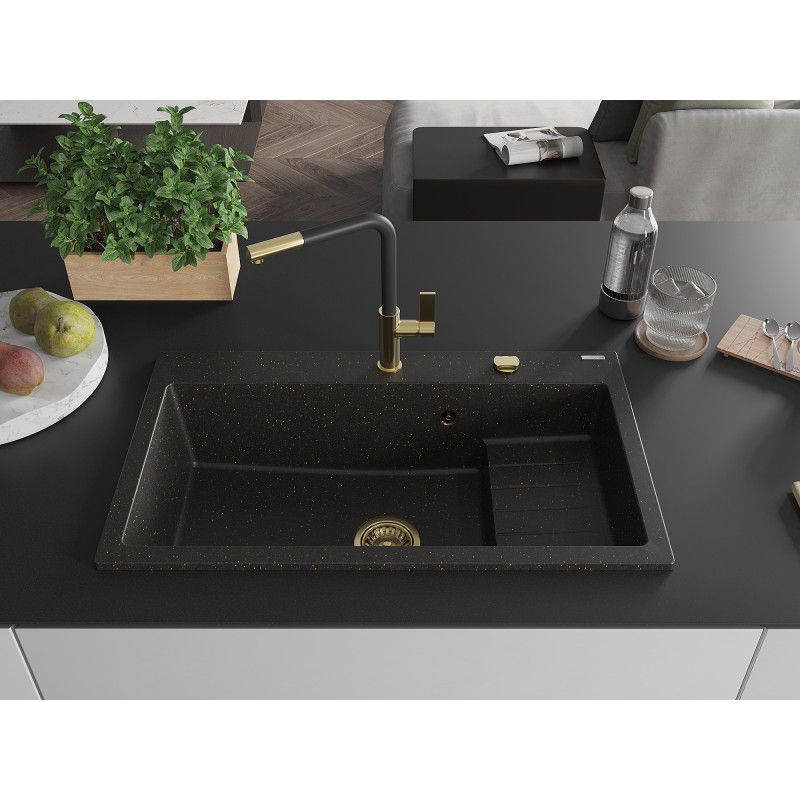 Zlewozmywak granitowy Mexen Omar 1-komorowy czarny/złoty metalik 800x480 mm 1 szt.