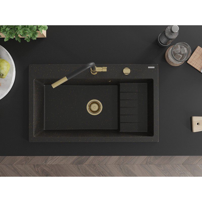 Zlewozmywak granitowy Mexen Omar 1-komorowy czarny/złoty metalik 800x480 mm 1 szt.