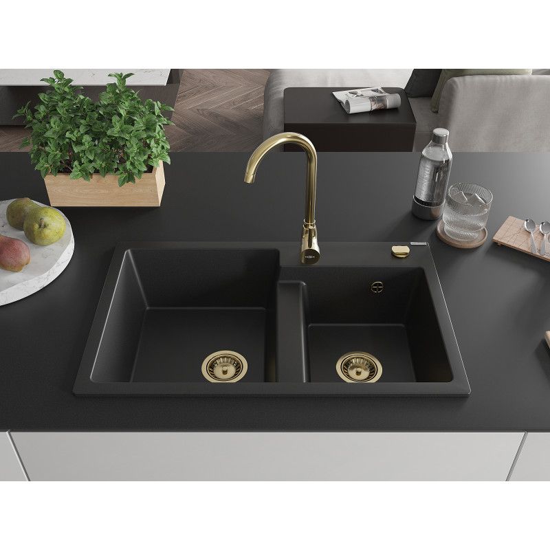 Zlewozmywak granitowy Mexen Tomas 2-komorowy czarny/złoty metalik 800x500 mm  - 6516802000-75-B 1 szt.