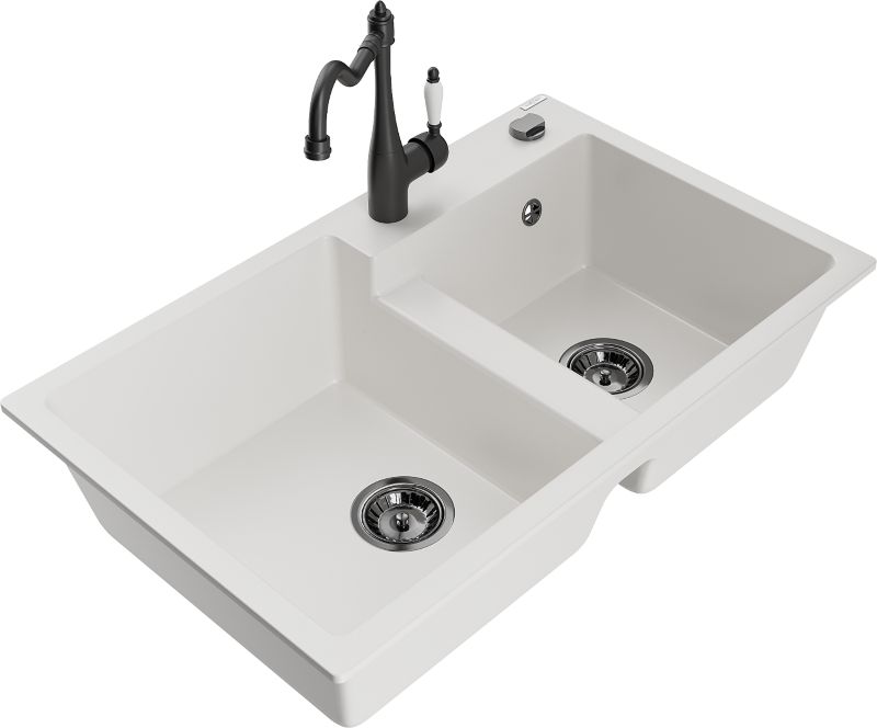 Zlewozmywak granitowy Mexen  Tomas 2-komorowy z baterią kuchenną  Carla biały  - 6516-20-670700-20 1 szt.