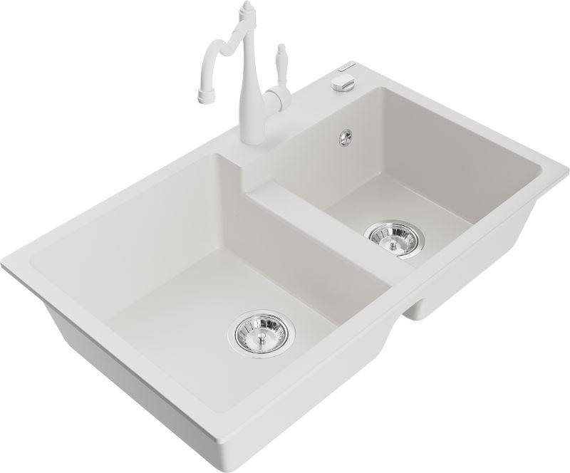 Zlewozmywak granitowy Mexen  Tomas 2-komorowy z baterią kuchenną  Carla biały  - 6516-20-670700-50 1 szt.