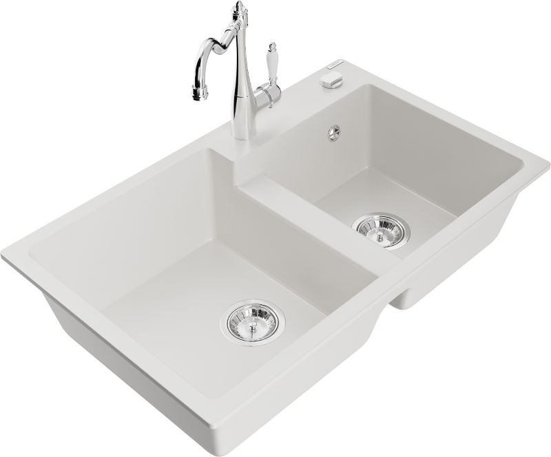 Zlewozmywak granitowy Mexen  Tomas 2-komorowy z baterią kuchenną  Duero biały  - 6516-20-671600-00 1 szt.