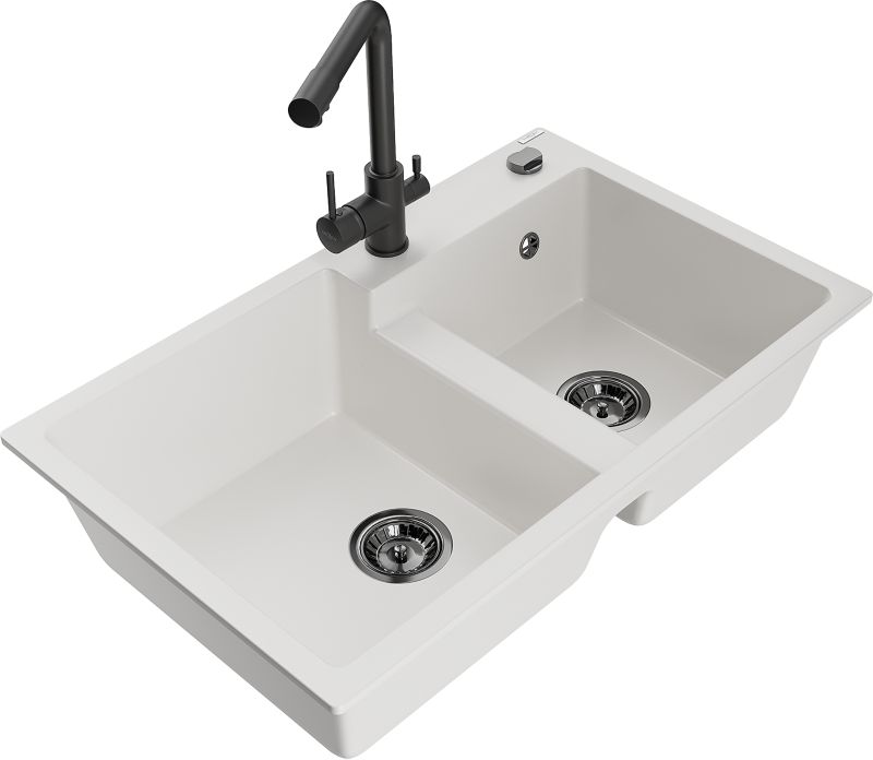 Zlewozmywak granitowy Mexen  Tomas 2-komorowy z baterią kuchenną  Duero biały  - 6516-20-671600-20 1 szt.