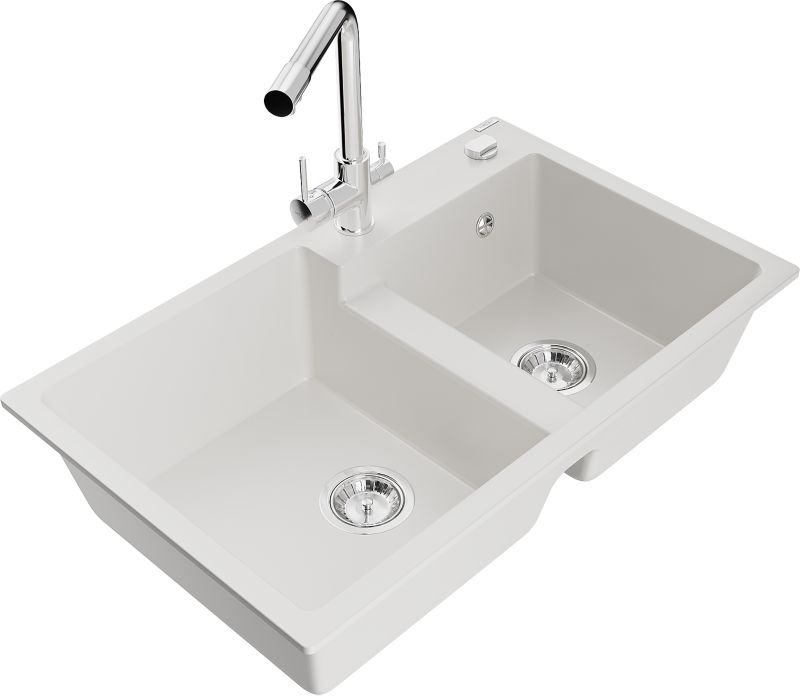 Zlewozmywak granitowy Mexen  Tomas 2-komorowy z baterią kuchenną  Duero biały  - 6516-20-671600-70 1 szt.