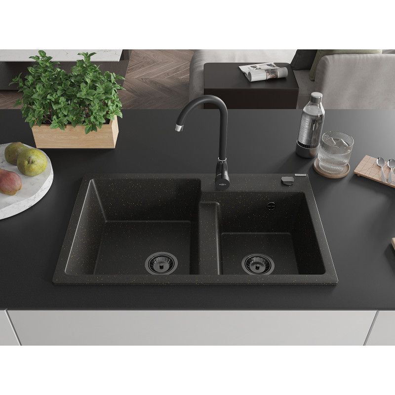 Zlewozmywak granitowy Mexen Tomas 2-komorowy z baterią kuchenną Duo beżowy  - 6516-69-671701-57-B 1 szt.