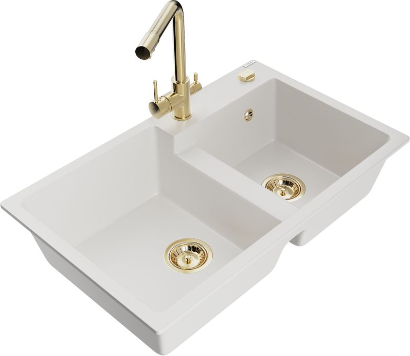 Zlewozmywak granitowy Mexen  Tomas 2-komorowy z baterią kuchenną  Duo biały  - 6516-20-671701-07 1 szt.