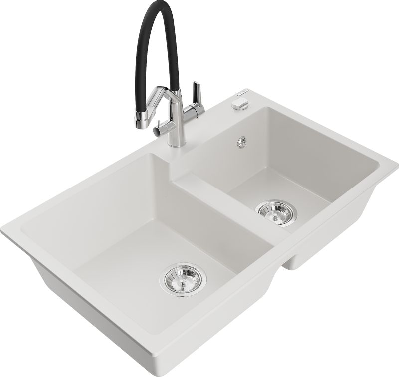 Zlewozmywak granitowy Mexen  Tomas 2-komorowy z baterią kuchenną  Duo biały  - 6516-20-671701-07-B 1 szt.